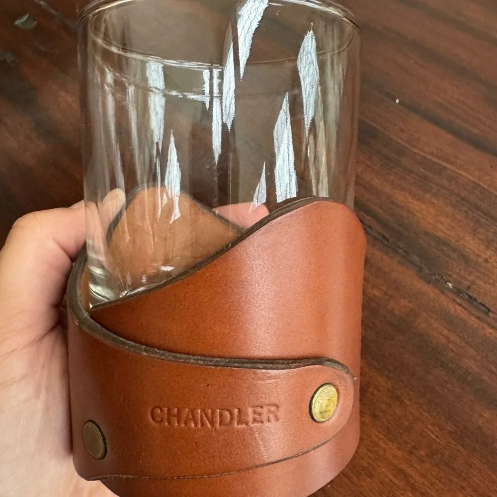 MCM Leather Drink Holder with Glass Mid century Vintage “Chandler”